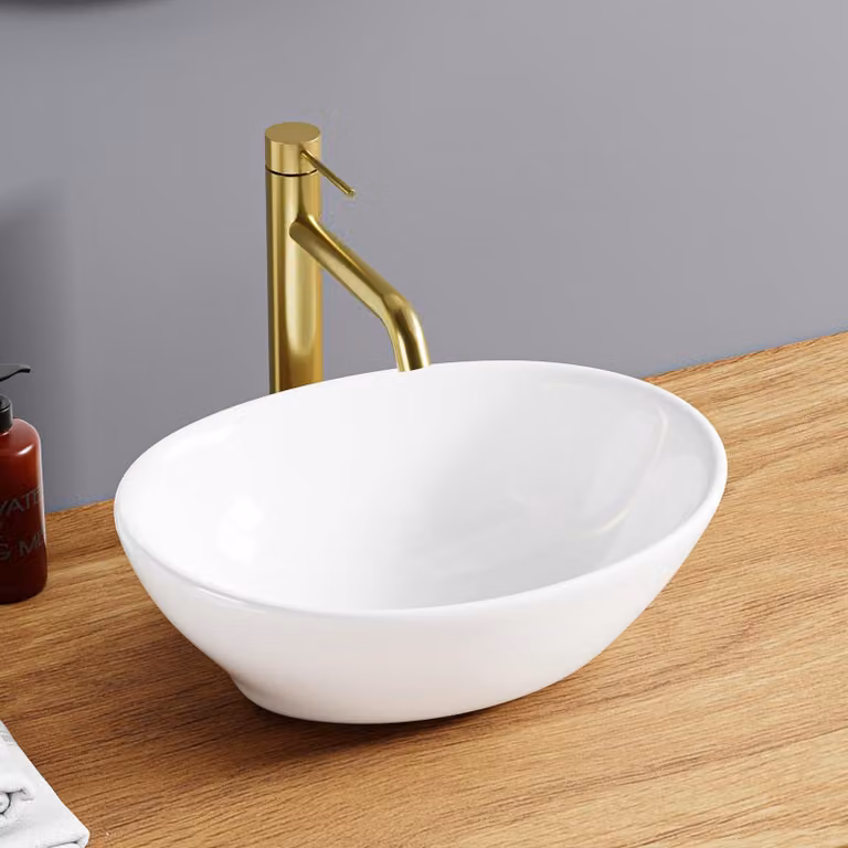 Lavabo ovale, dimensioni 41,5x33,5x14,5 cm, in Vetroceramica, bianco, finitura lucida