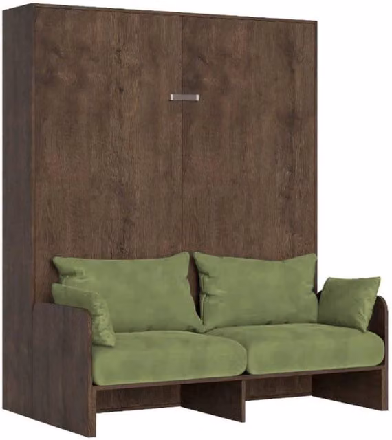 Letto Matrimoniale A Scomparsa Kentaro con Divano Giordanoshop, Colore Noce e Verde, Dimensioni: 160 x 200 cm