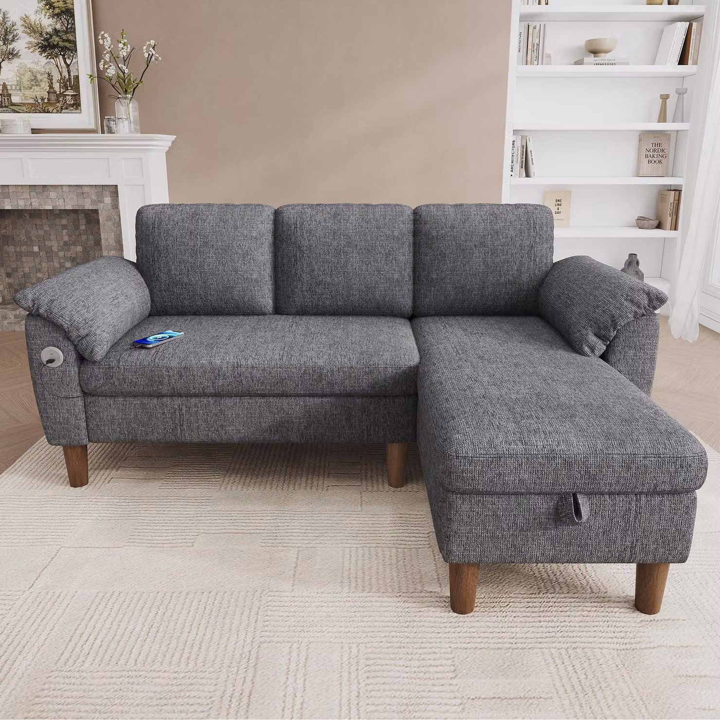 Divano angolare a forma di L, 3 posti, chaise longue con spazio contenitore, porte USB/Type-C, tasca laterale, tessuto in chenille (GRIGIO CHIARO)