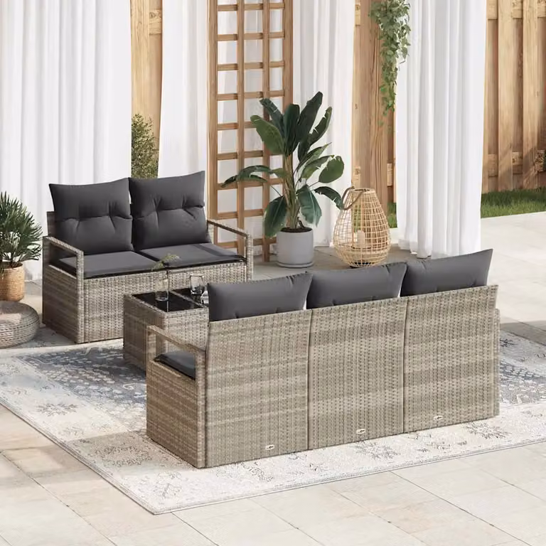 Set di divani da giardino vidaXL in rattan grigio con 6 pezzi e tavolo da caffè