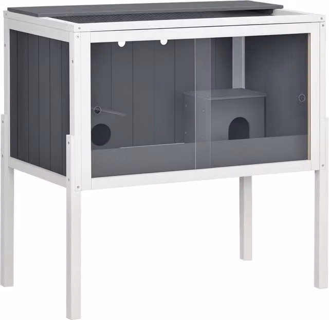 Gabbia per criceti in legno e metallo ¨C Xylo ¨C 3000 cm2, 2 casette, porte scorrevoli acriliche, grigio+bianco