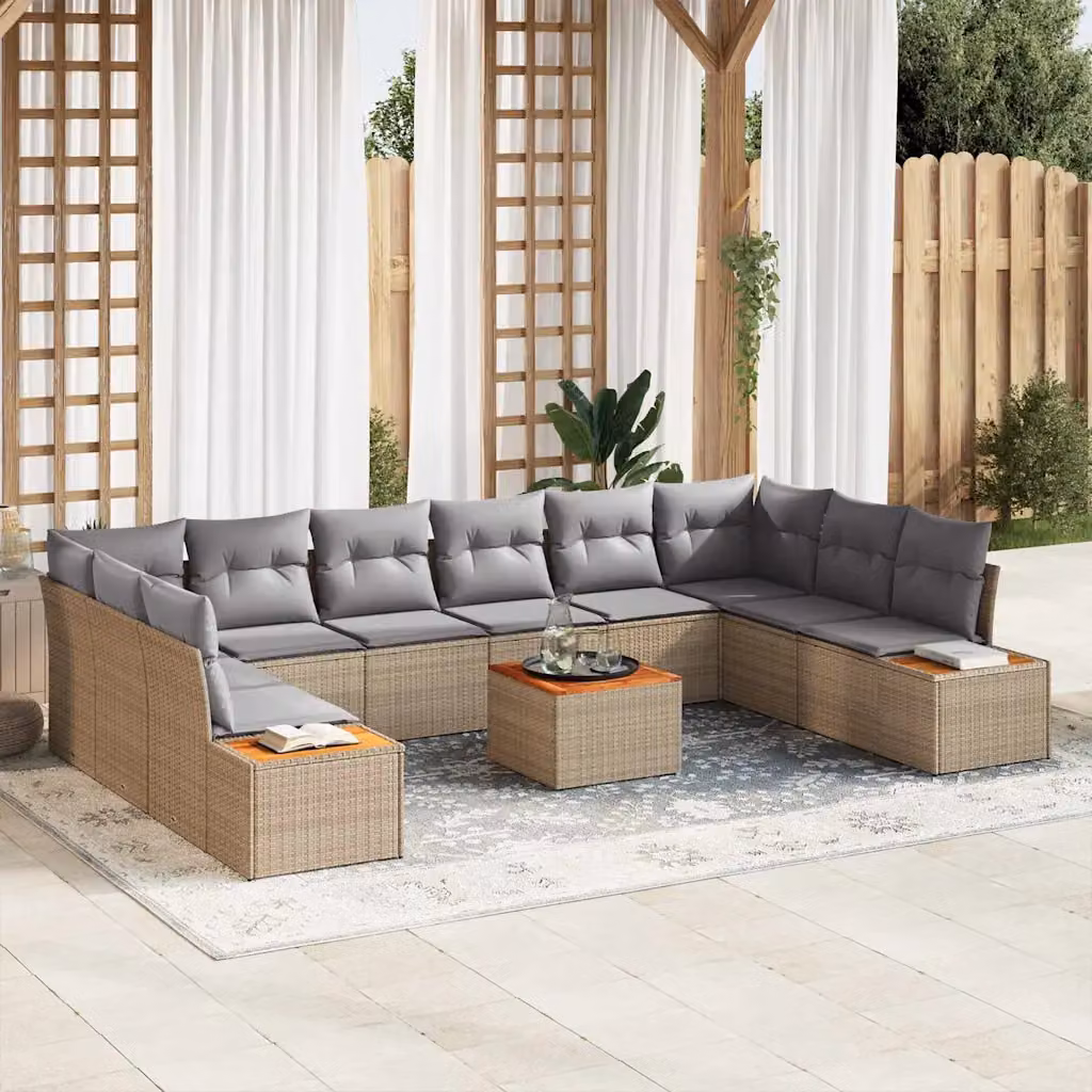 Set Divano da Giardino vidaXL a Forma a L in Polyrattan Beige con Cuscini e Tavolino da Esterno 11 Pezzi – 1
