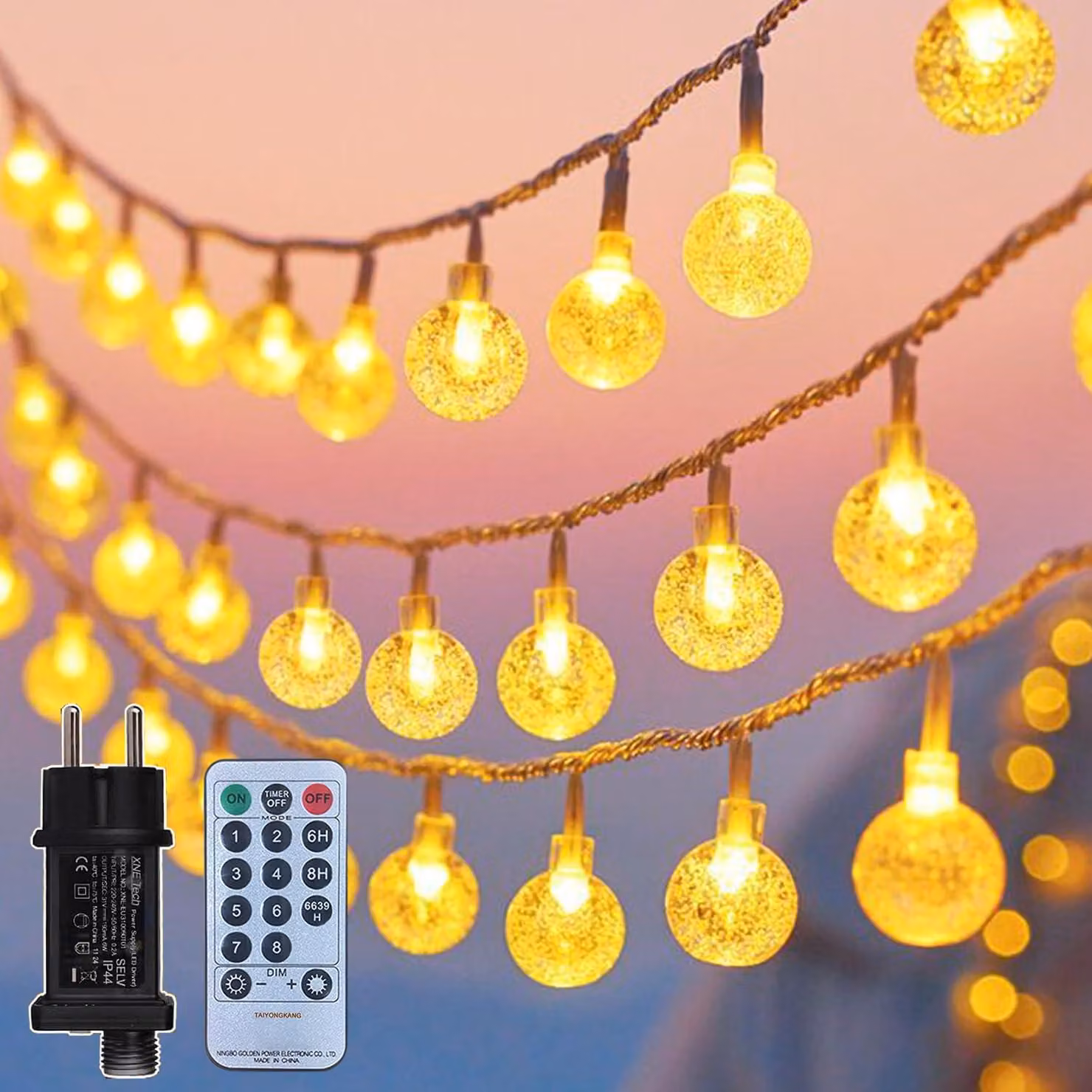 Catena luminosa con sfere di cristallo, 15 metri, 100 LED, grado di protezione IP44, con telecomando