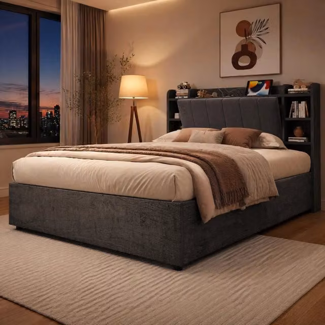 Letto con vano contenitore 180 × 200 cm in MDF grigio con testiera imbottita 3 porte USB e porta Tape-C