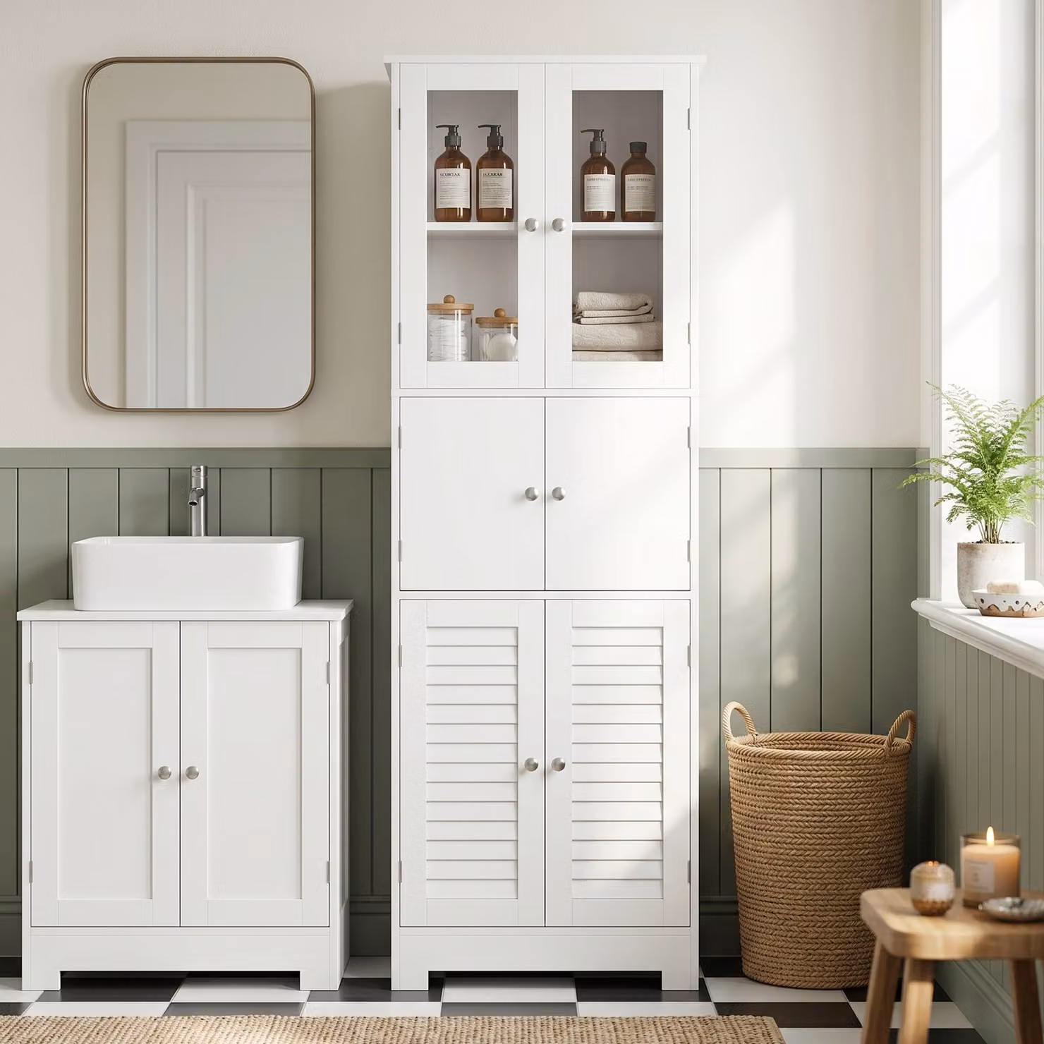 Mobiletto da Bagno Alto HOMCOM Bianco con Ante in Vetro e Ripiani Regolabili – 2