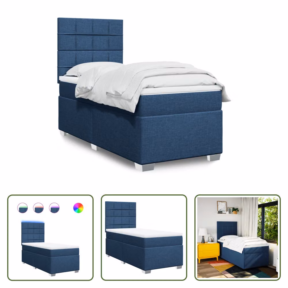 The Living Store Letto a molle con materasso blu 100x200 cm in tessuto