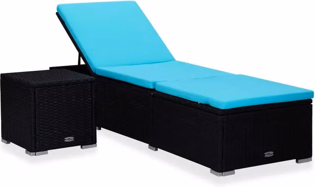Lettino prendisole da esterno Outsunny con cuscino e tavolino in resina intrecciata nera e blu
