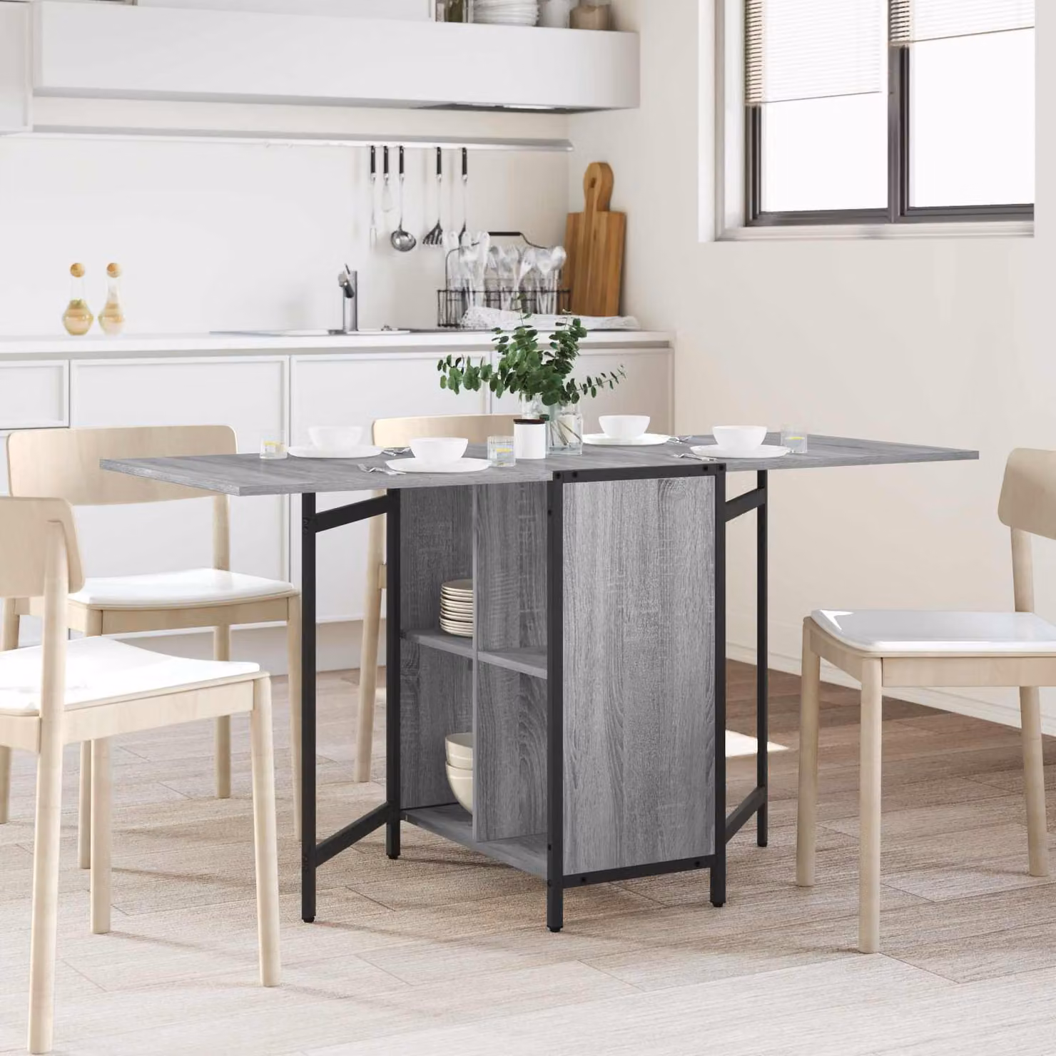 vidaXL Tavolo da Pranzo Rettangolare Estensibile in MDF e Metallo Grigio L/P/H: 144 x 60 x 75 cm