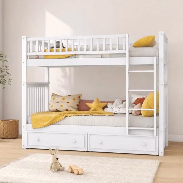 Letto a castello trasformabile 90x200 cm con 2 cassetti in pino bianco