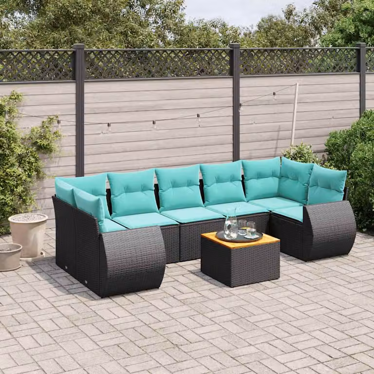 Set di divani da giardino vidaXL in polyrattan nero con cuscini e tavolino da esterno a forma di U