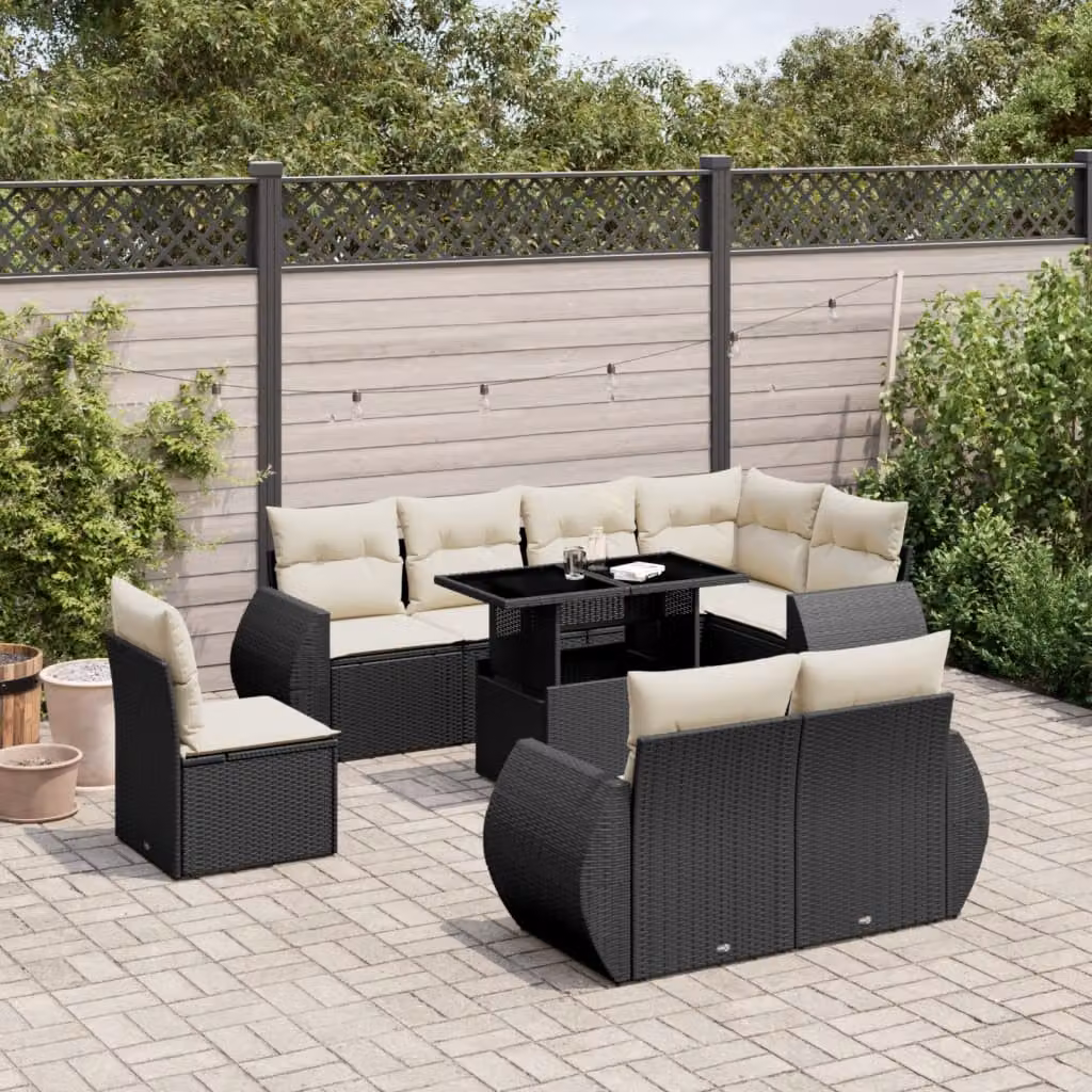 Set di divani da giardino vidaXL in polyrattan nero con cuscini e tavolino da esterno a forma di L – 1