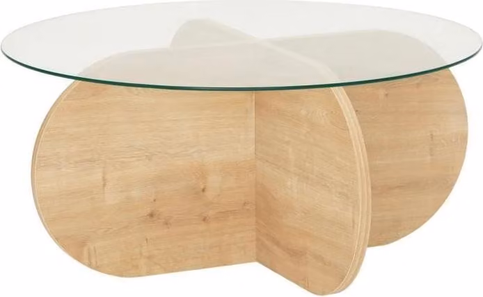 Tavolino rotondo in vetro temperato, rovere zaffiro, 75 x 75 x 35 cm, pannelli in particelle melaminizzate