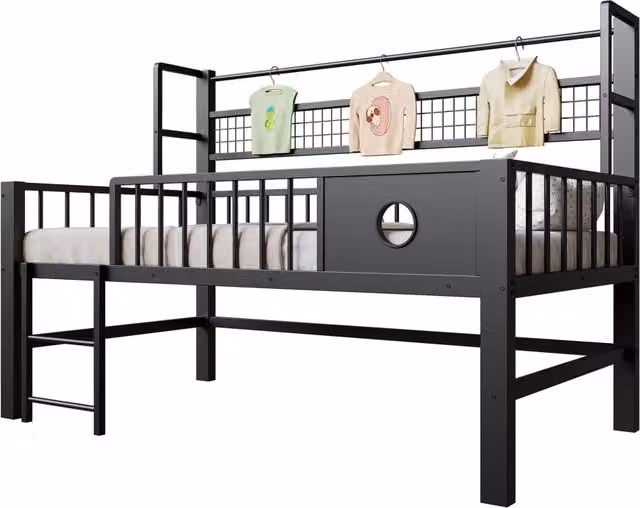 Letto a soppalco basso per bambini 90x200 cm con sponde e appendiabiti; nero
