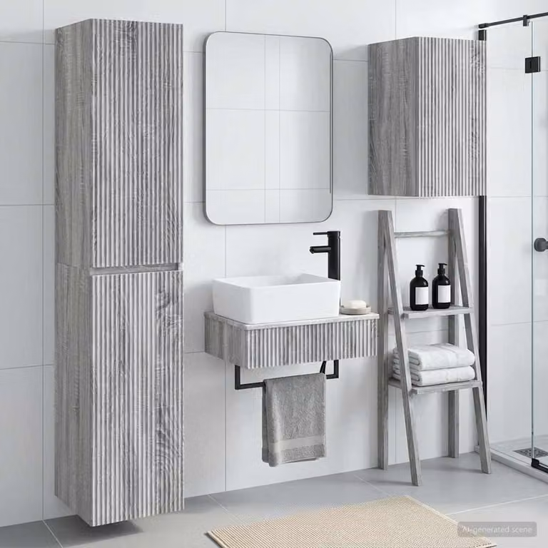 Set di mobili per il bagno moderno vidaXL composto da 3 pezzi in colore grigio opaco con base lavabo, pensile e colonna alta