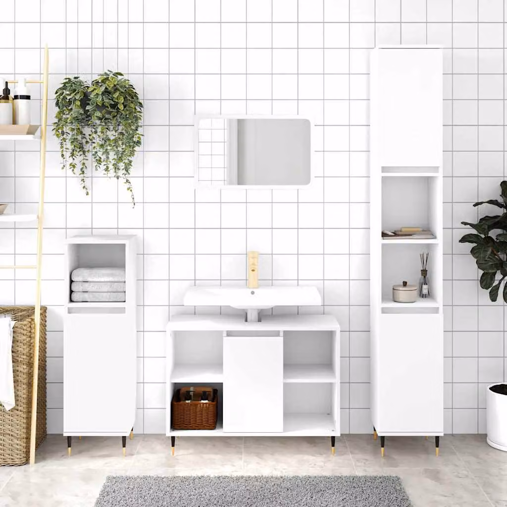 Mobile da bagno vidaXL in legno e metallo bianco con ante a battente e ripiani interni L: 80 cm, P: 33 cm, H: 60 cm