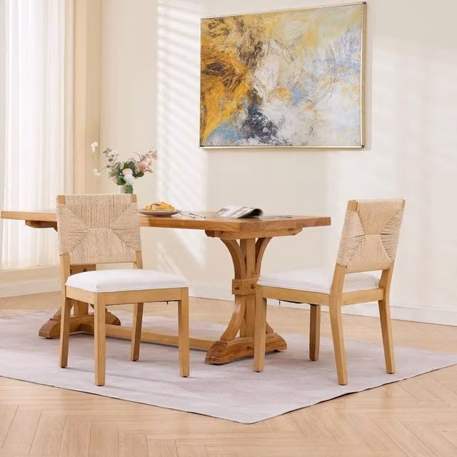 Set di 2 sedie da pranzo Minimal in legno naturale e rattan con seduta imbottita in lino beige