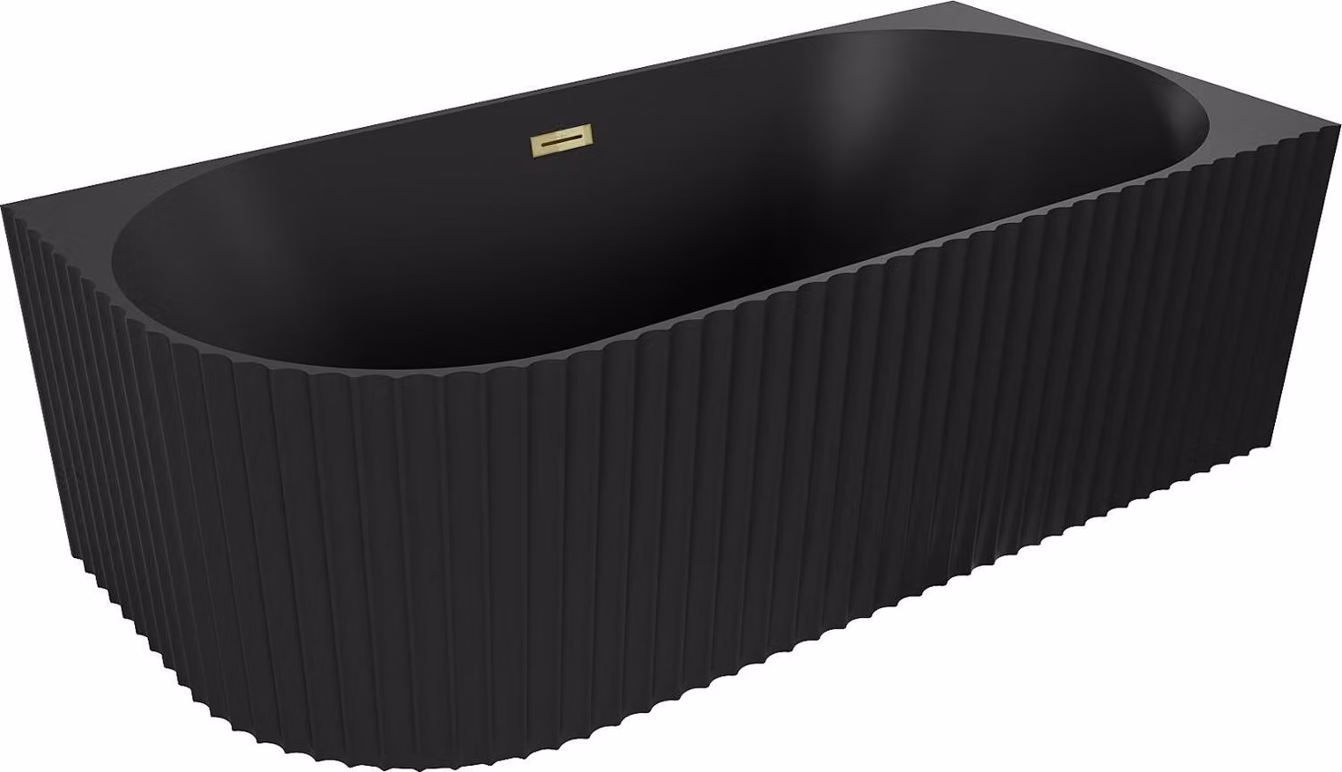 Mexen Gia vasca da bagno freestanding ad angolo rigata destra 150 x 75 cm, nero opaco, troppo pieno dorato - 52701507571P-50