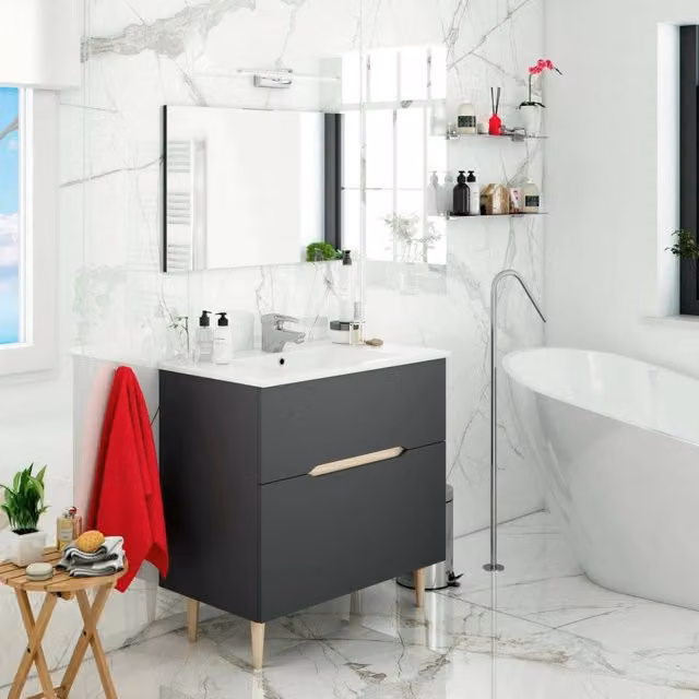 Mobile sottolavabo Avona DMORA con specchio, colore Antracite e Rovere, L: 80 cm, P: 45 cm, H: 80 cm