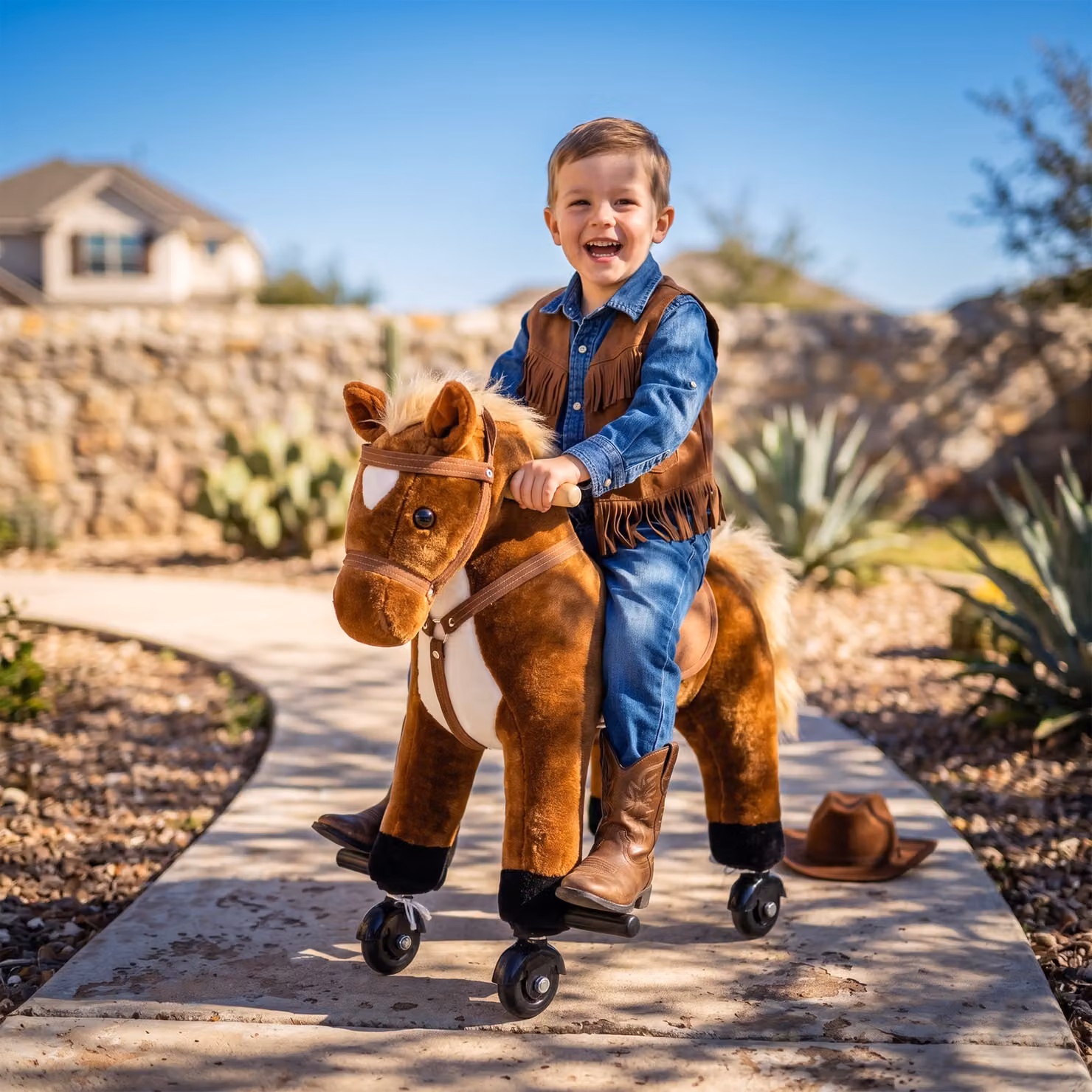 Cavallo cavalcabile HOMCOM per bambini con rotelle, poggiapiedi e suoni, Marrone – 2