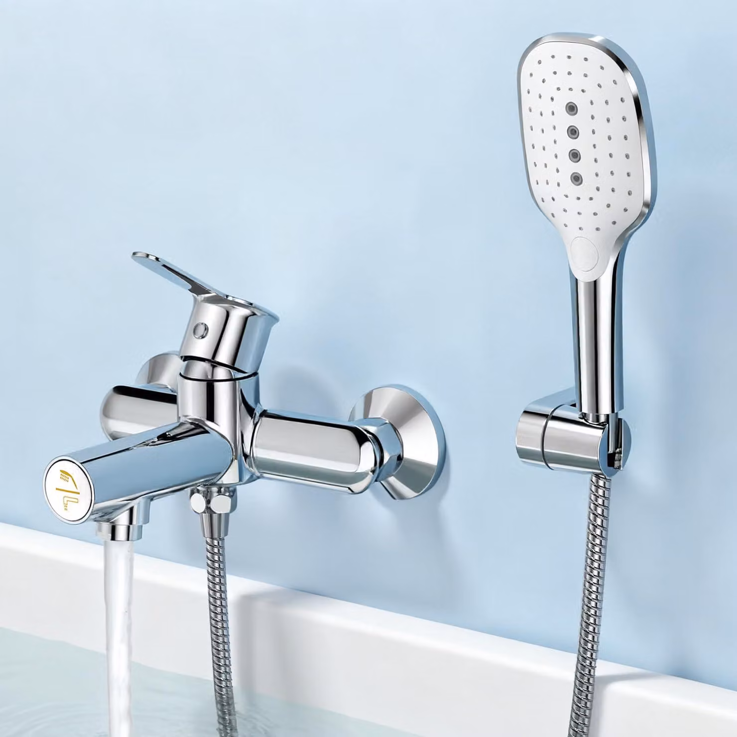 Miscelatore per vasca da bagno con doccetta manuale, pulsante, cromato, 3 funzioni