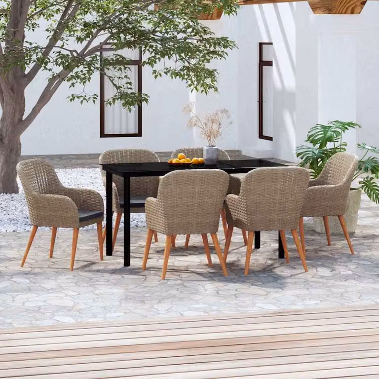 Set da pranzo da giardino vidaXL in polyrattan e legno di acacia con cuscini, 7 pezzi, marrone, nero, grigio
