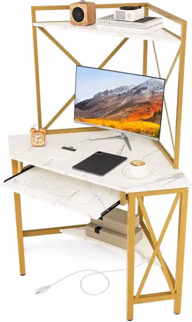 Scrivania Angolare Costway Moderna con Ripiani e Struttura in Metallo, Colore Bianco e Oro