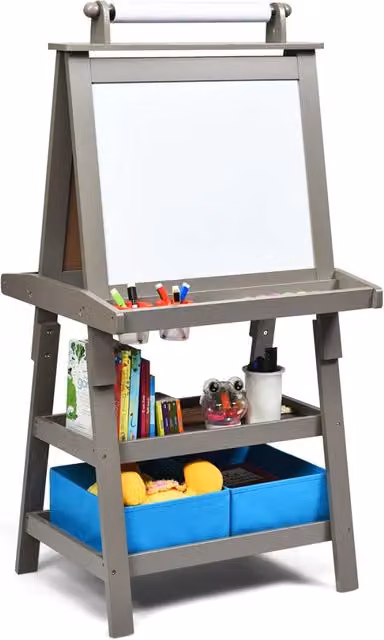 Cavalletto per bambini 3 in 1 59 x 50 x 117 cm con rotolo di carta e ripiani portaoggetti in MDF grigio 20_0011435