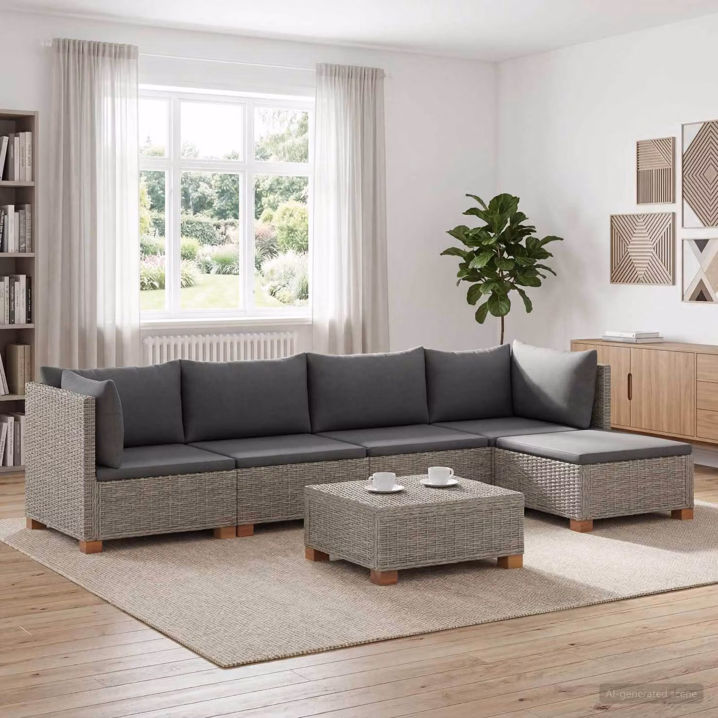 Set Lounge vidaXL GENDT in Rattan Naturale con 6 Cuscini Grigi per Giardino e Terrazza