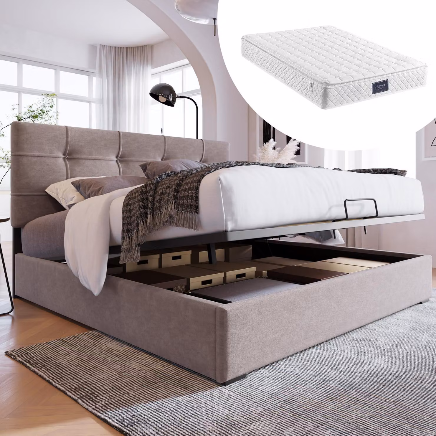 Letto matrimoniale idraulico imbottito, 140x200 cm, completo di materasso, con poggiatesta regolabile, struttura in metallo con rete a doghe, rivestito in velluto