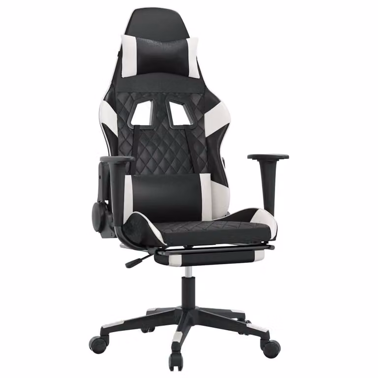 Sedia da Gaming con Poggiapiedi Nero e Bianco in Pelle finta