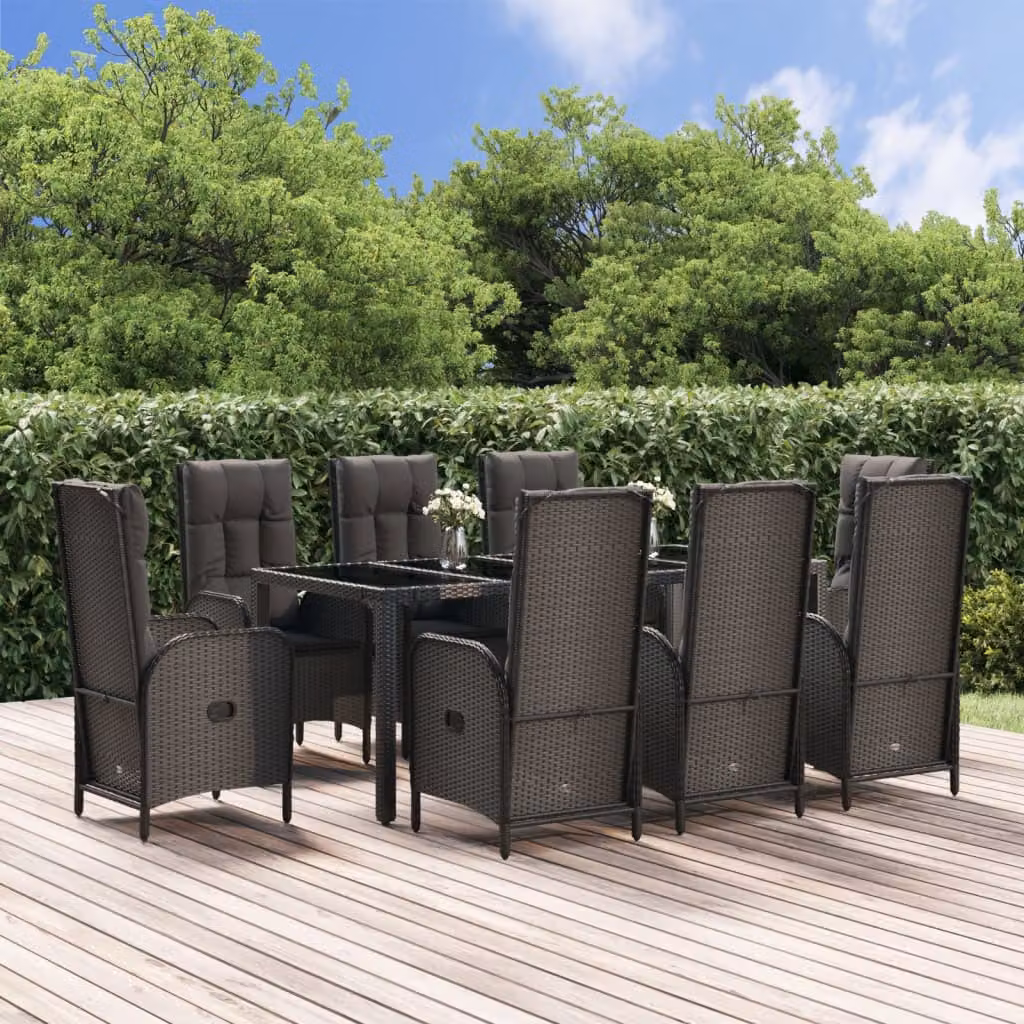Set da Pranzo da Giardino vidaXL in Polyrattan con Cuscini, Nero e Grigio, 9 Pezzi