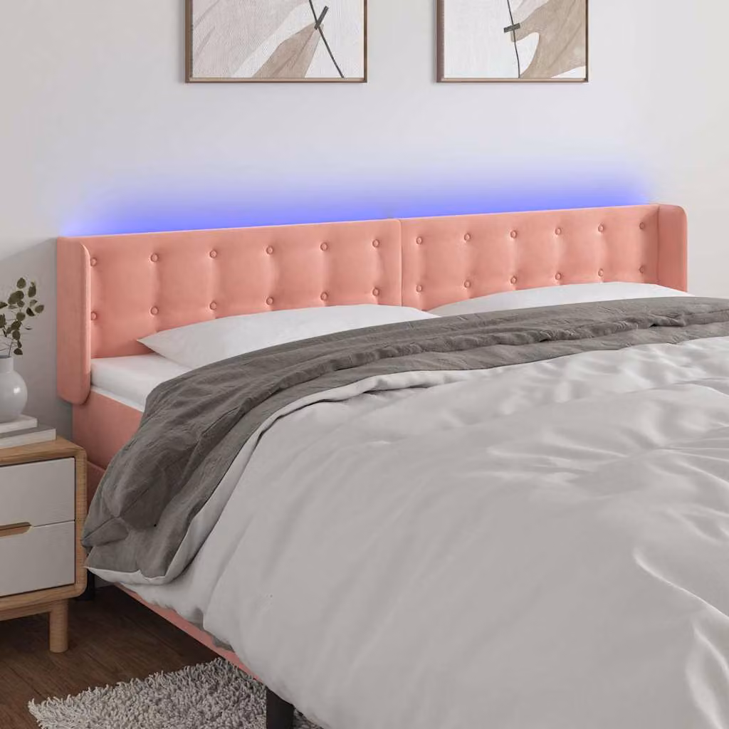 Testiera per letto vidaXL in velluto rosa con illuminazione LED e porta di ricarica USB, L: 183 cm, P: 16 cm, H: 78/88 cm