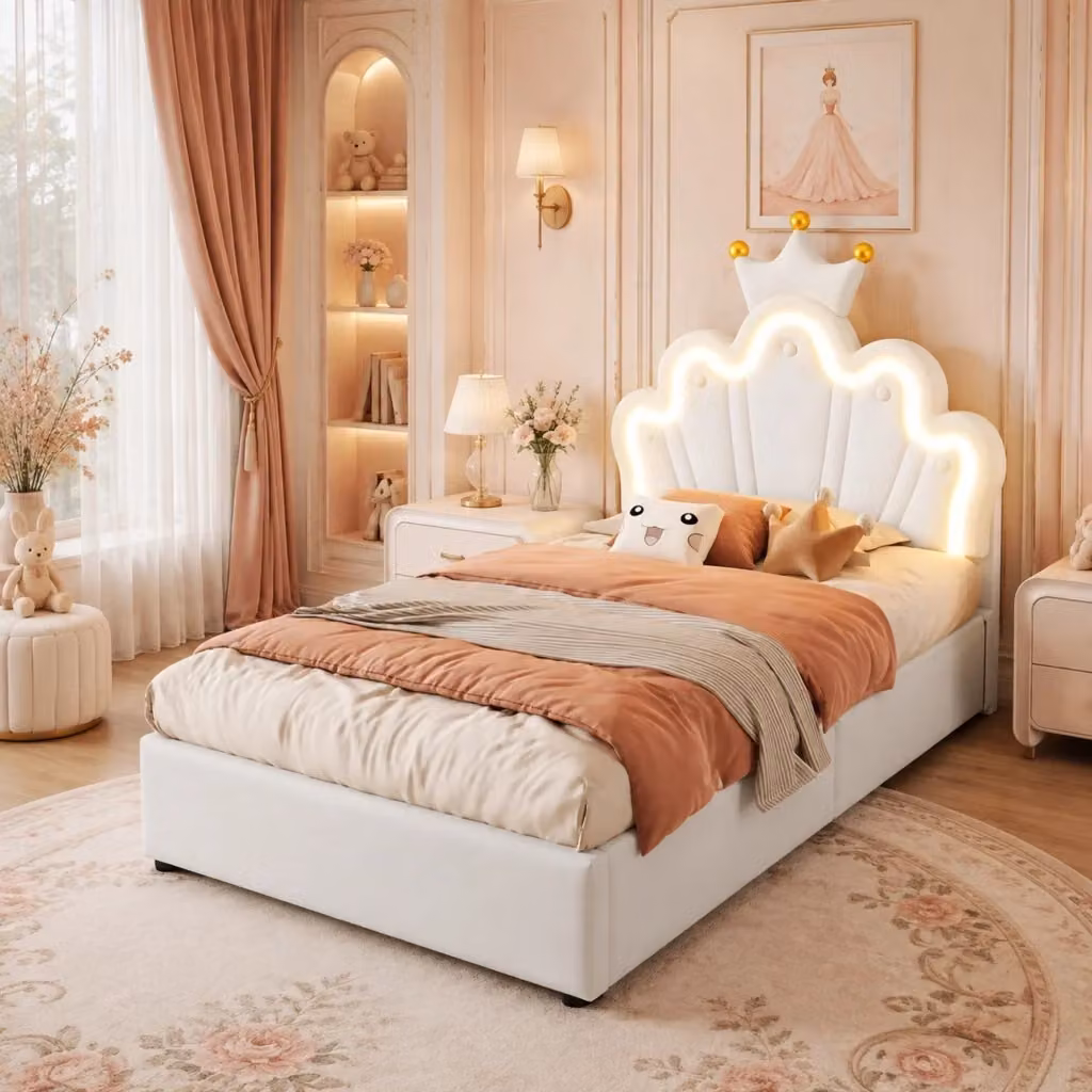 Letto Imbottito REDOM in Finta Pelle Bianco con Base a Sollevamento, Testiera Regolabile e Illuminazione LED Sotto il Letto, L/P: 90 x 200 cm – 2