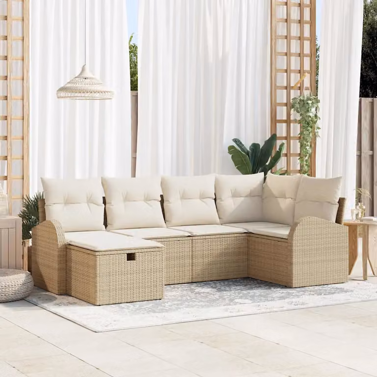 Set di divani da giardino vidaXL in polyrattan beige e bianco con cuscini inclusi