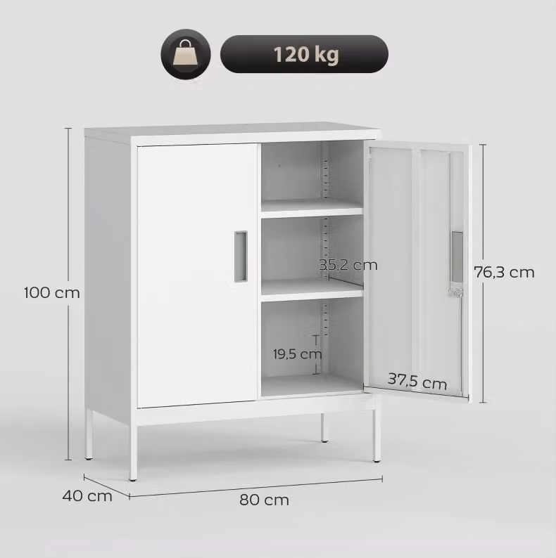 Armadio archivio in metallo bianco con 2 ante battenti, ripiani regolabili e serratura, L: 100 cm, H: 80 cm, P: 40 cm – 2
