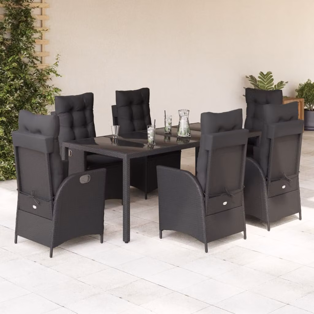 Set da Pranzo da Giardino vidaXL 7 pz in Polyrattan Nero con Piano in Vetro – 1