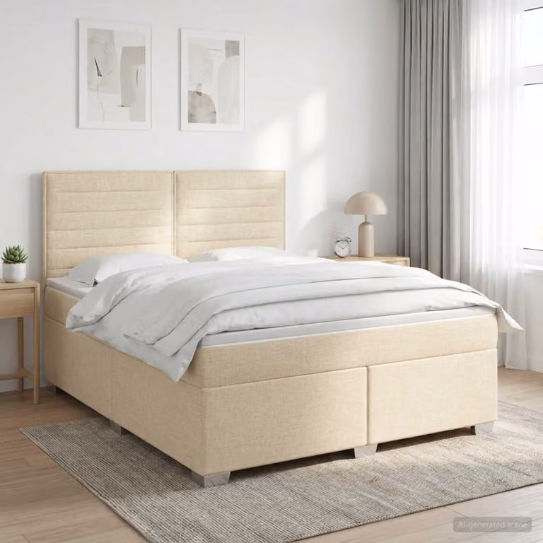 Letto box spring con materasso a molle insacchettate vidaXL in tessuto beige e bianco L/P/H: 200 x 140 x 128 cm