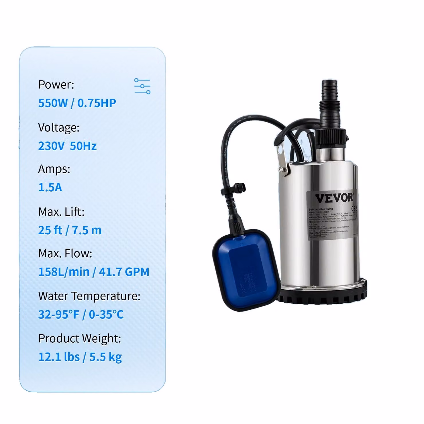 Pompe sommergibili, potenza 1100W, capacità di pompaggio 1,5 CV, 550W, 0,75 CV