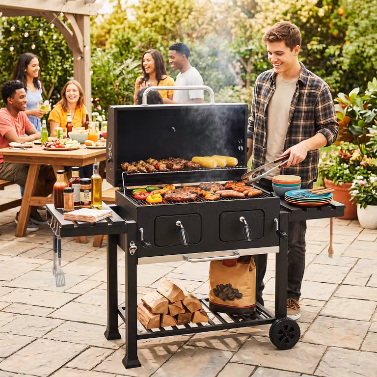 Barbecue a carbone Costway nero con ruote, griglia regolabile in altezza e tavolini laterali, modello portatile affumicatore