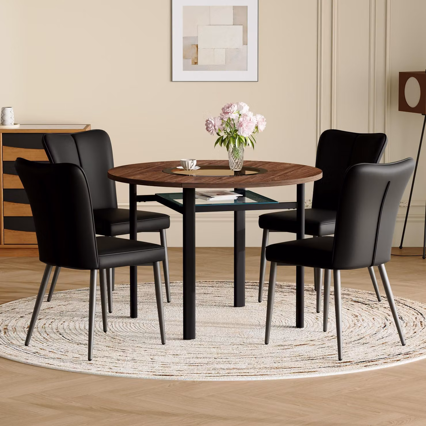 STILVORA Tavolo da pranzo rotondo da 100 cm con 4 sedie nere – Inserto in vetro e ripiano in vetro, tavolo da cucina e da pranzo moderno con effetto legno