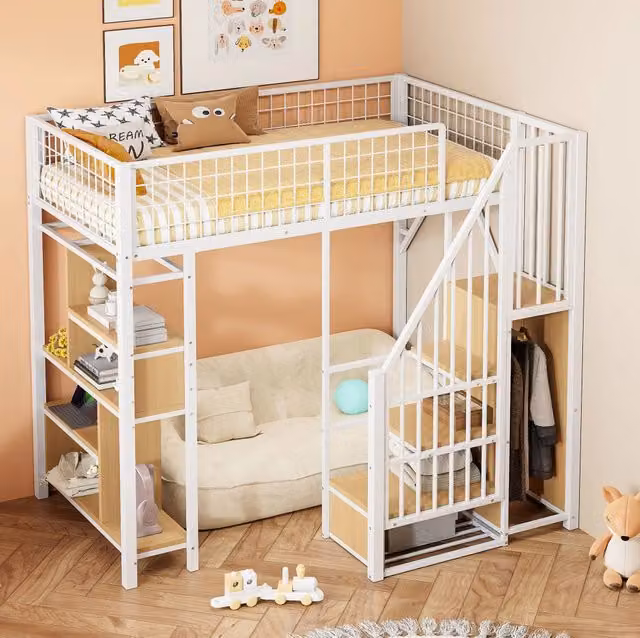 Letto a soppalco 90x200 cm con scala contenitore e vani portaoggetti in metallo e legno