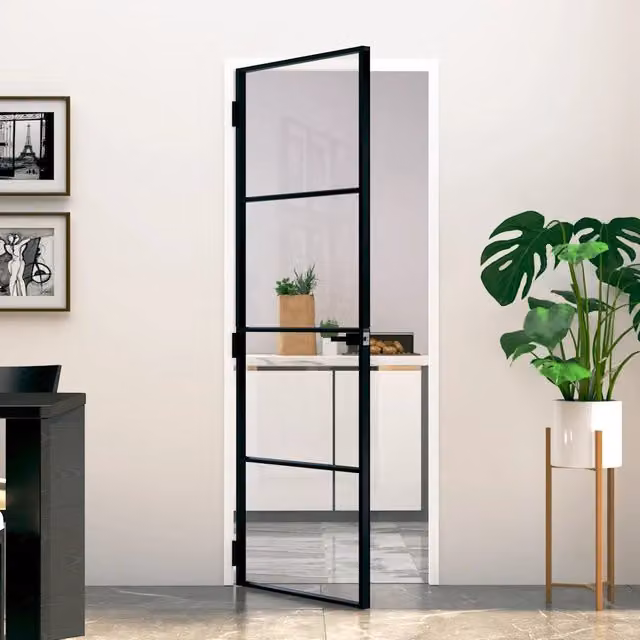 Porta Interna Reversibile vidaXL Modern in Alluminio e Vetro Temperato Trasparente, Colore Nero, L: 76 cm, H: 201,5 cm – 1