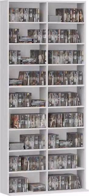 Libreria Minimal per DVD e CD in MDF con 14 ripiani regolabili e 18 scomparti, colore bianco, H: 175 cm – 1