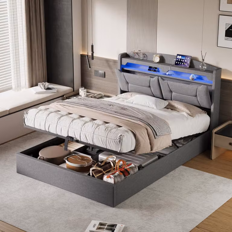 Letto imbottito Fortuna Lai 140x190cm con rete a doghe, letto a molle idrauliche con contenitore, letto contenitore matrimoniale con testata contenitore e LED, lino, grigio