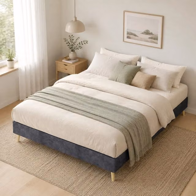 Struttura letto moderna minimalista 140x200 cm in velluto grigio, base bassa senza testiera e materasso