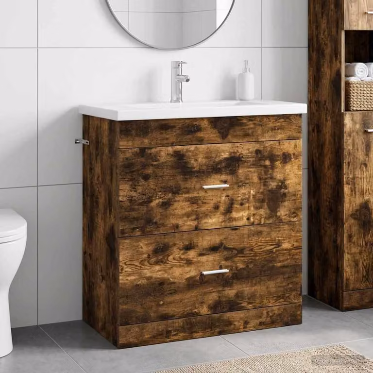 Set di mobili per il bagno moderno vidaXL in legno color rovere fumo con cassetti e ante, L: 81 cm, P: 40 cm, H: 84,5 cm