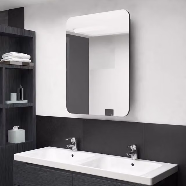 Armadietto a specchio con LED vidaXL nero per bagno con ante a battente e chiusura soft-close L: 60 cm, P: 11 cm, H: 80 cm – 1