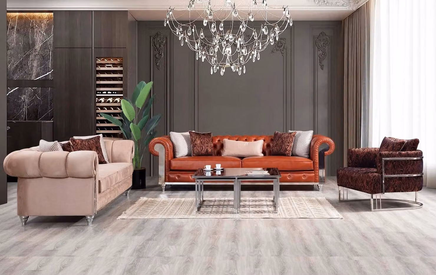 Chesterfield Sofagarnitur Dreisitzer Braun Couchgarnitur Polstersofa