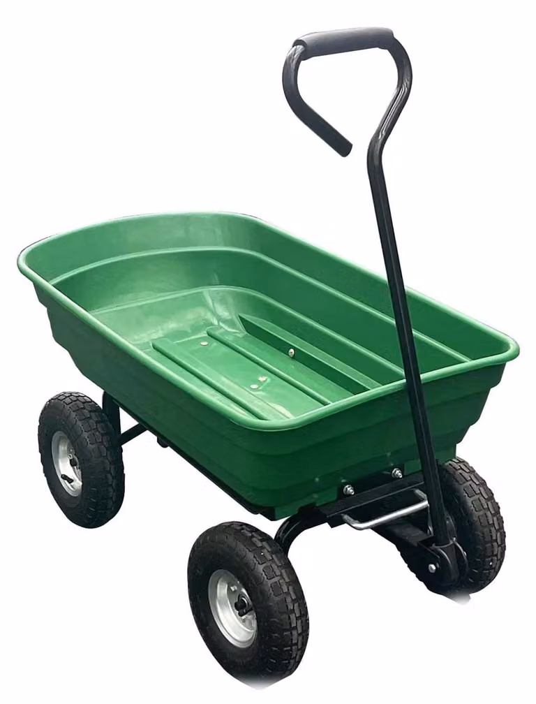 Carrello da giardino a 4 ruote - Carrello ribaltabile per carichi pesanti - Funzione di ribaltamento - Maniglia a forma di "D" - Supporto integrato - Colore: verde
