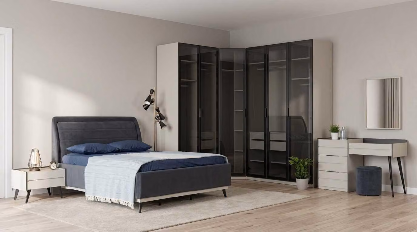 Set per camera da letto: letto, comodini, mobiletto angolare, design moderno, colore blu, vetro di alta qualità